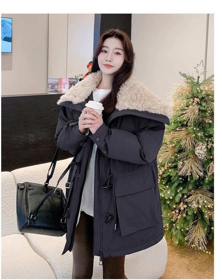 Large lapel horn buckle waist cottons jacket