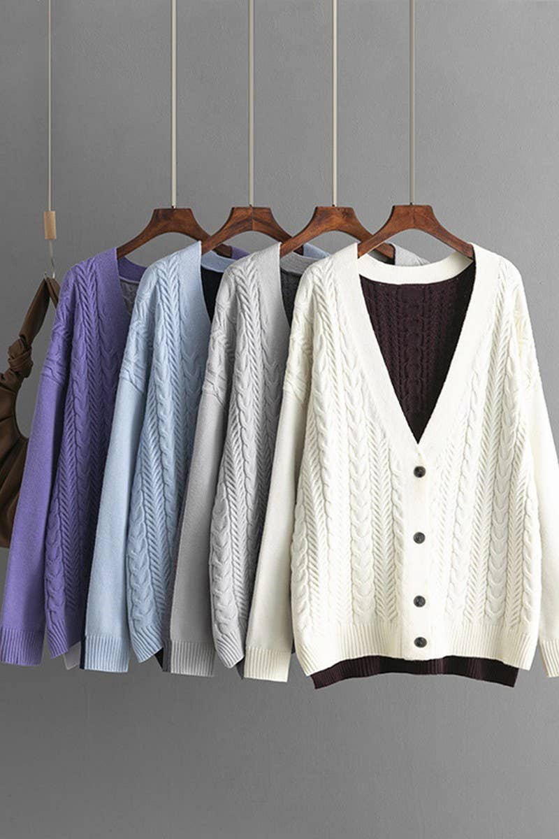 CWOCAL00678_LOOSE COLORBLOCK CABLE V NECK KNIT CARDIGAN