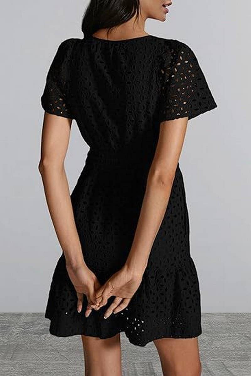 CWDSD8516_V-NECK A-LINE LACE HOLLOW SHORT SLEEVE MINI DRESS