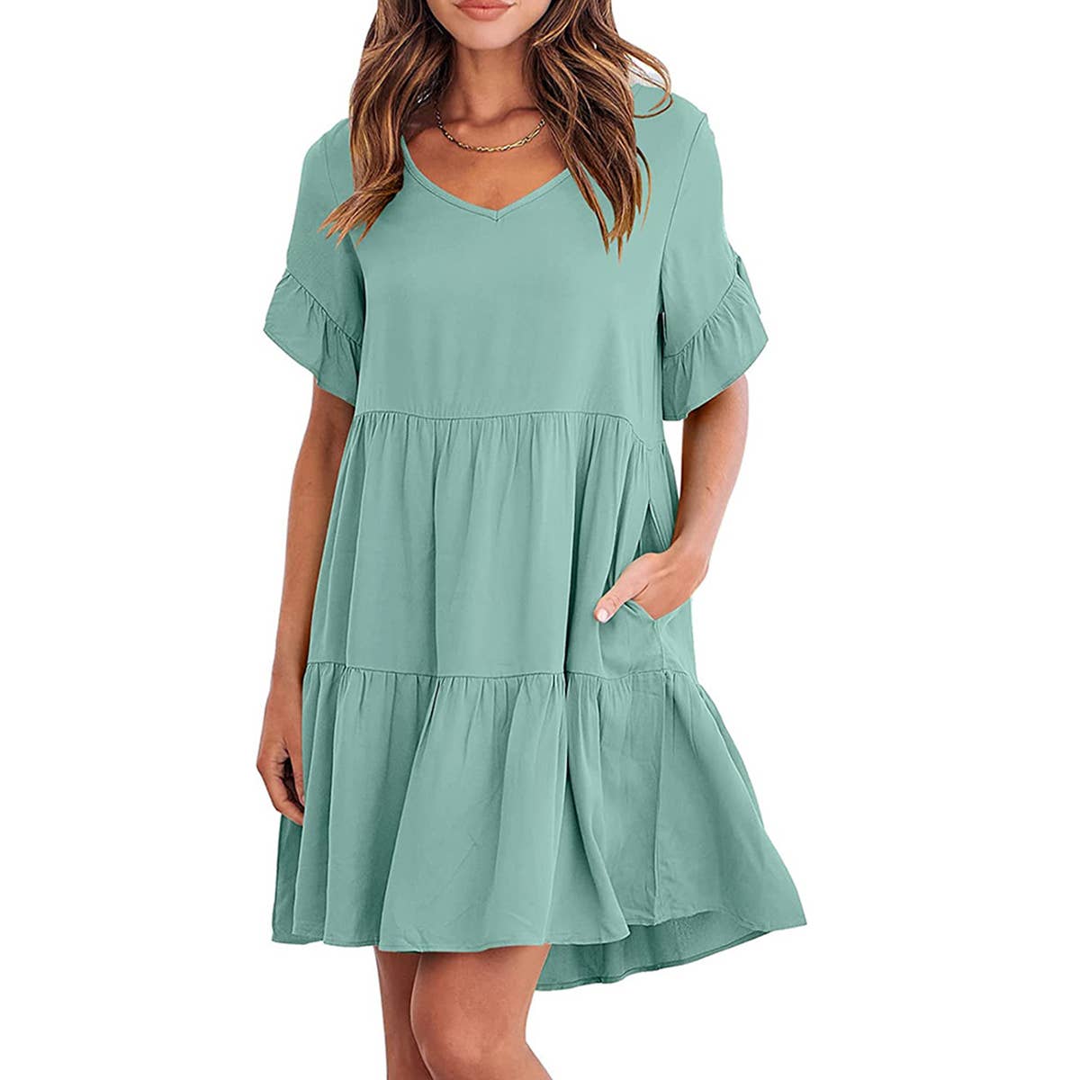 V-neck doll outfit three-layer pleated dress