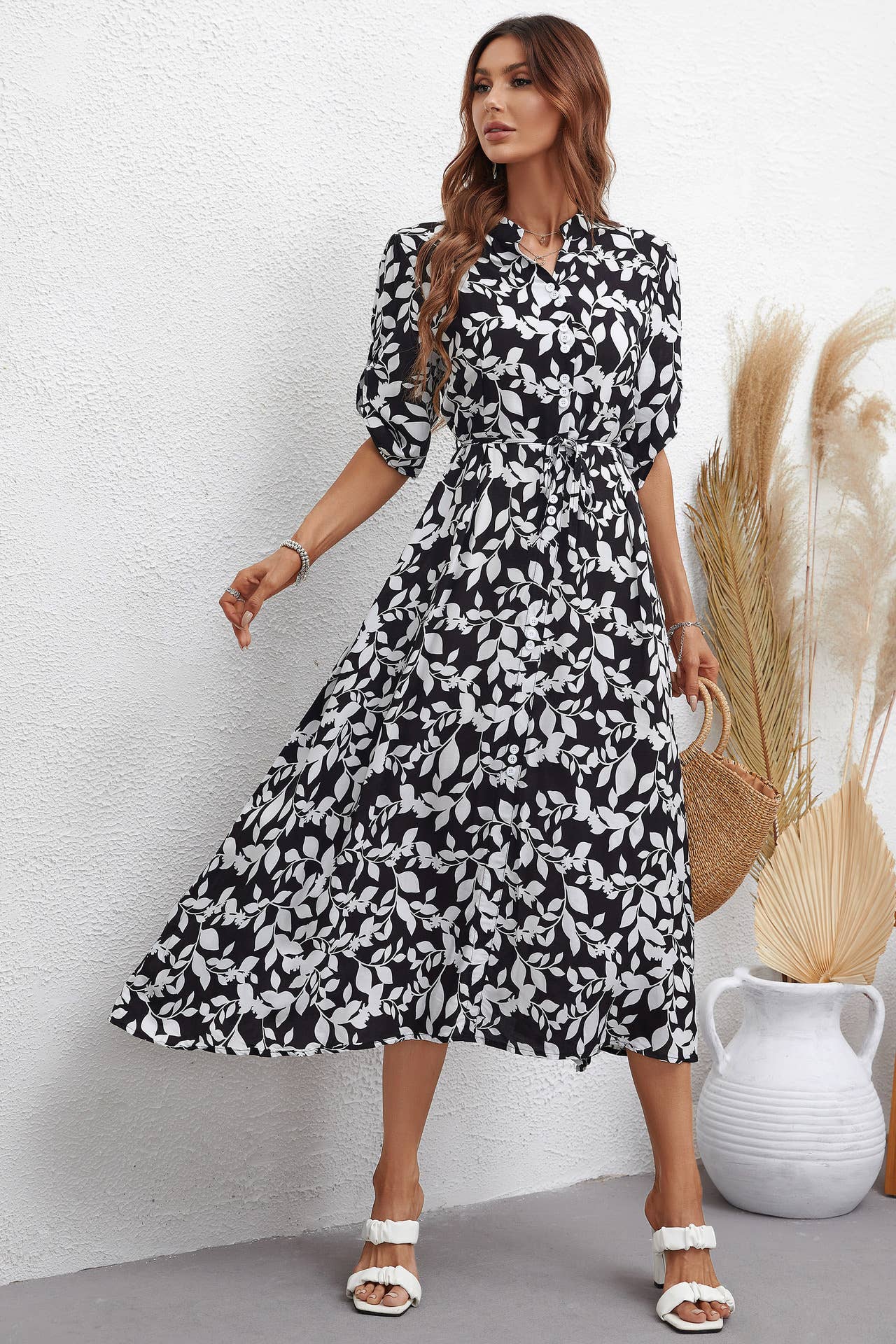 SHIRT COLLAR MID-SLEEVE WAISTBAND LONG DRESS