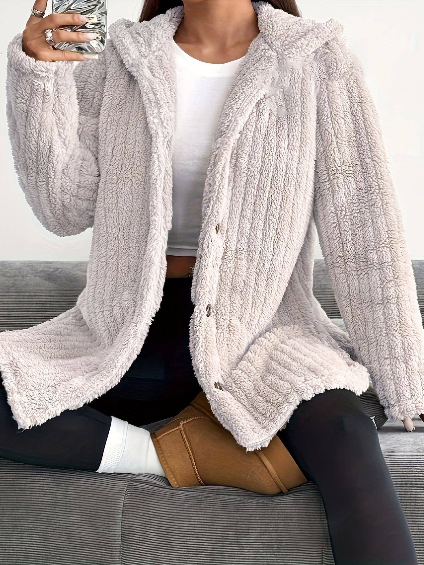 SOLID COLOR LONG SLEEVE HOODED LOOSE FLUFFY COAT