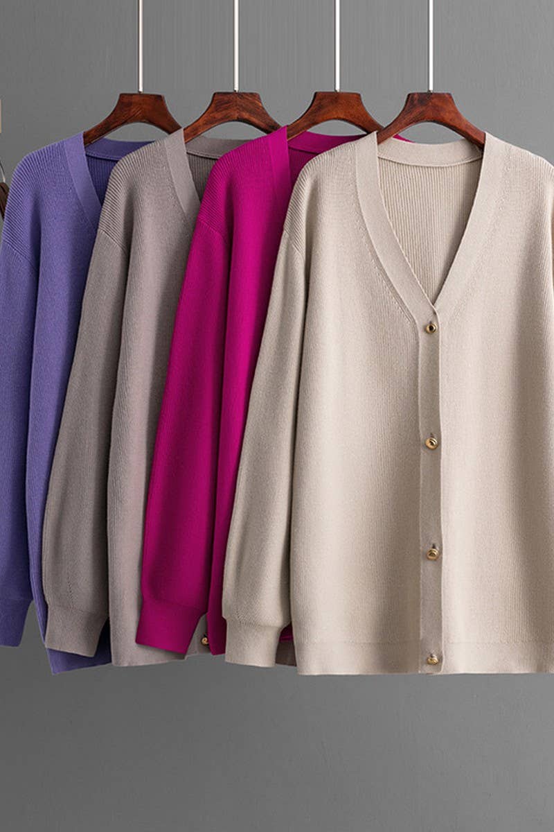 CWOCAL00669_SOLID LOOSE V NECK LONG KNIT CARDIGAN