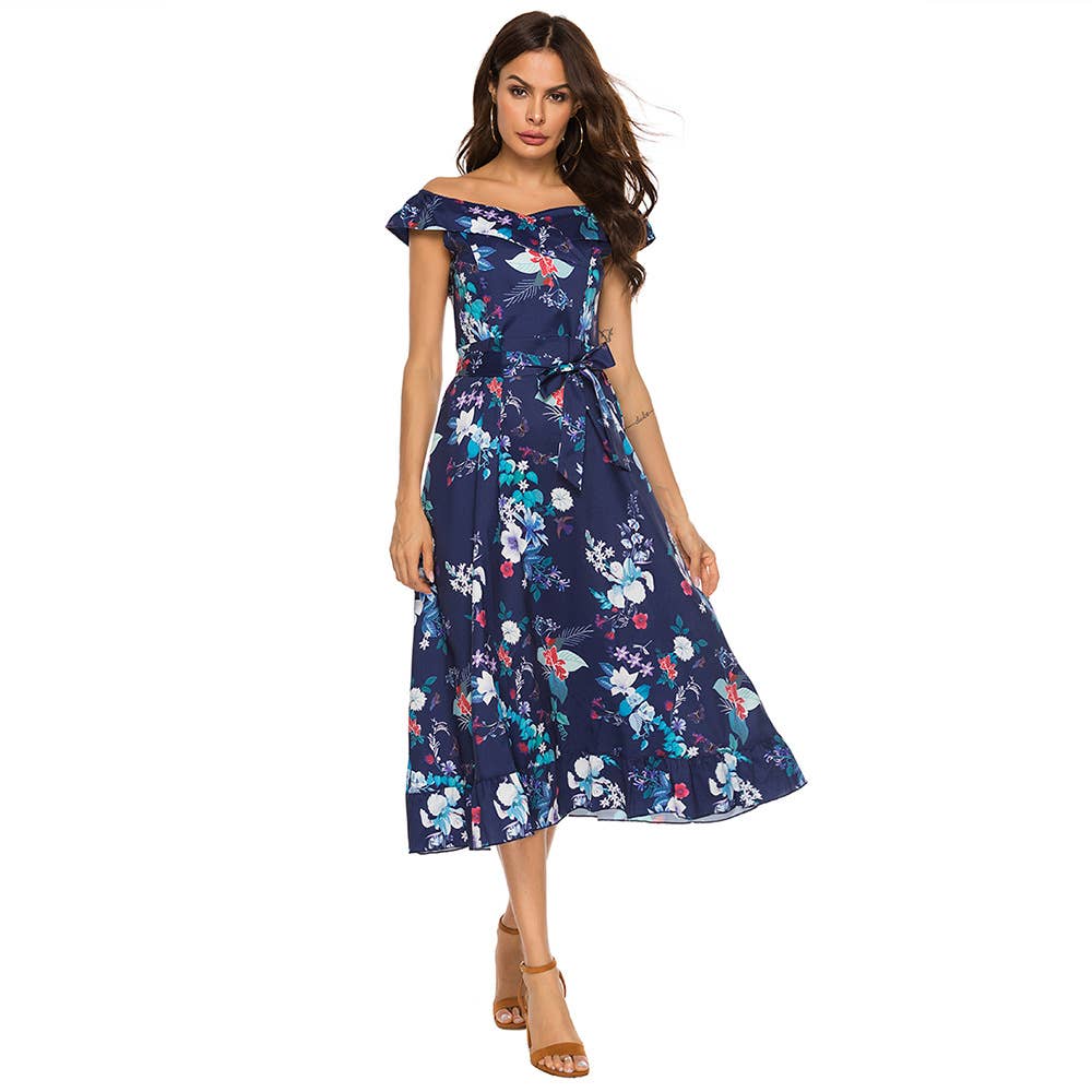 Off Shoulder Tie Waist Printed Maxi Dress