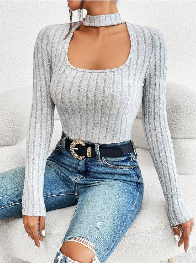 U-NECK LONG SLEEVE PIT STRIPED WOOL KNIT T-SHIRT