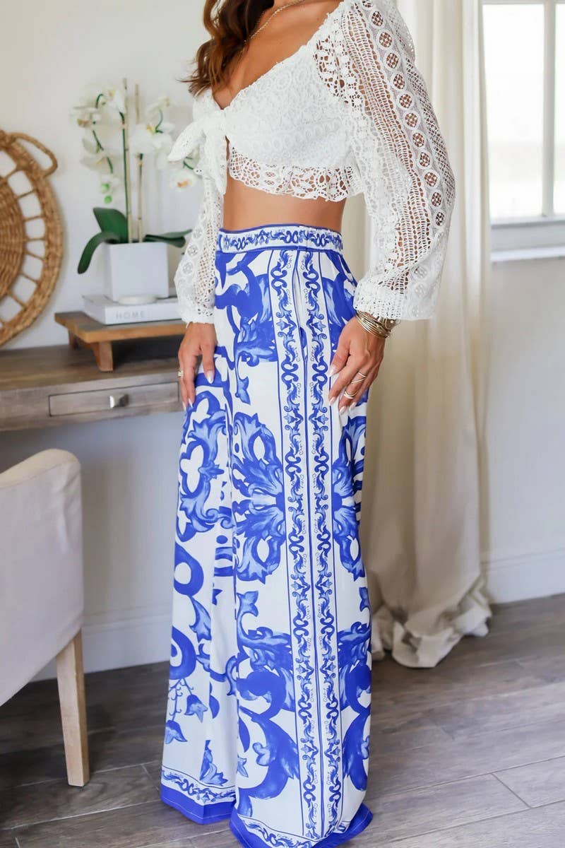 CWBLP887_BLUE AND WHITE PORCELAIN PRINT WIDE-LEG PANTS