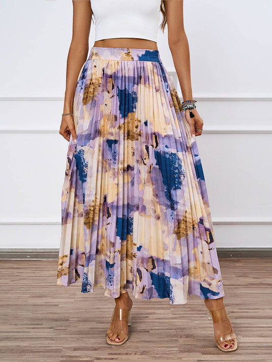 HIGH SENSE OIL PAINTING PRINTED PLEATED SKIRT