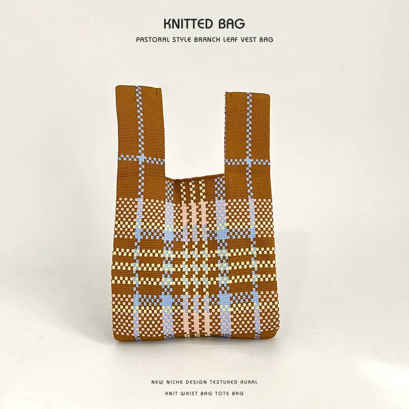 Colorful checkered knitted single-shoulder bag
