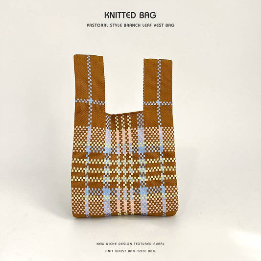 Colorful checkered knitted single-shoulder bag