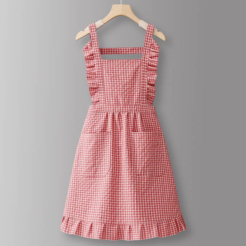 Cotton Striped Grid Kitchen Apron with Pocket