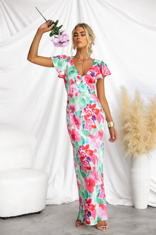 Sweet V-neck long dress with lotus sleeves