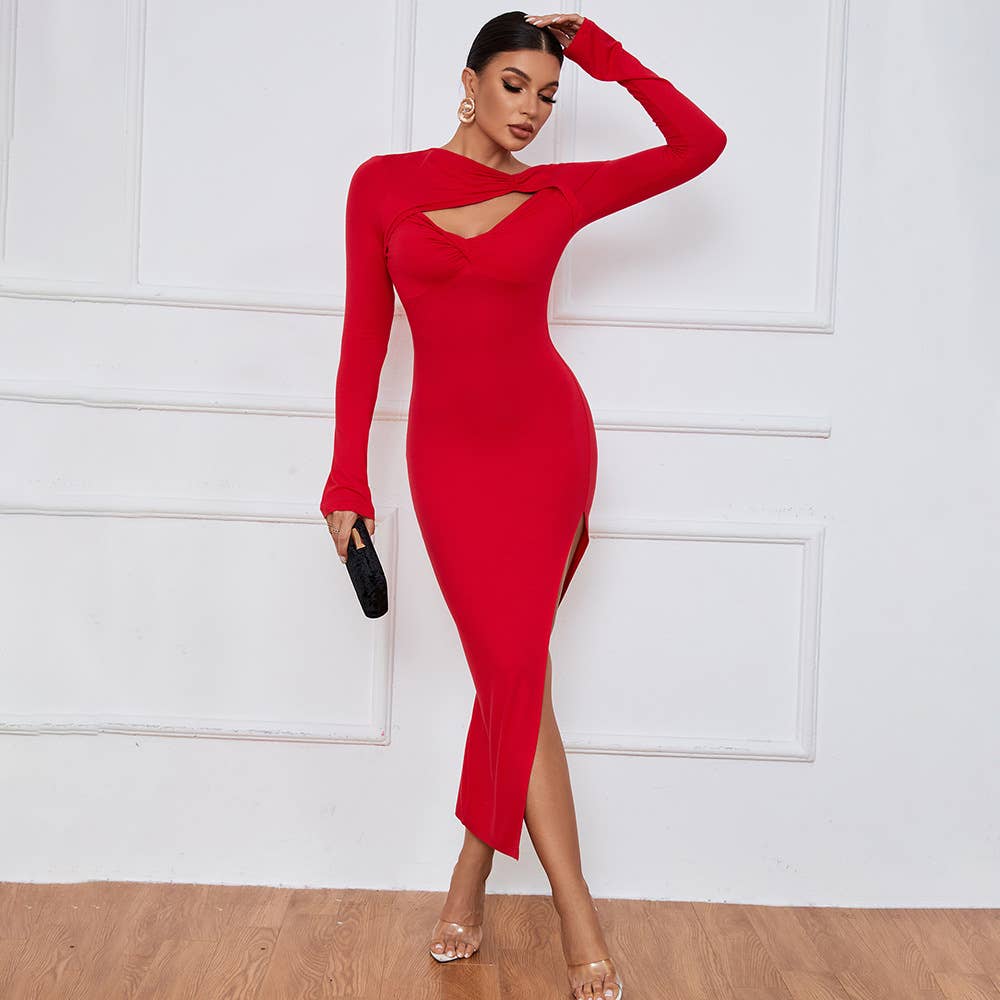 Slim-fit hip-hugging sexy split long-sleeve dress