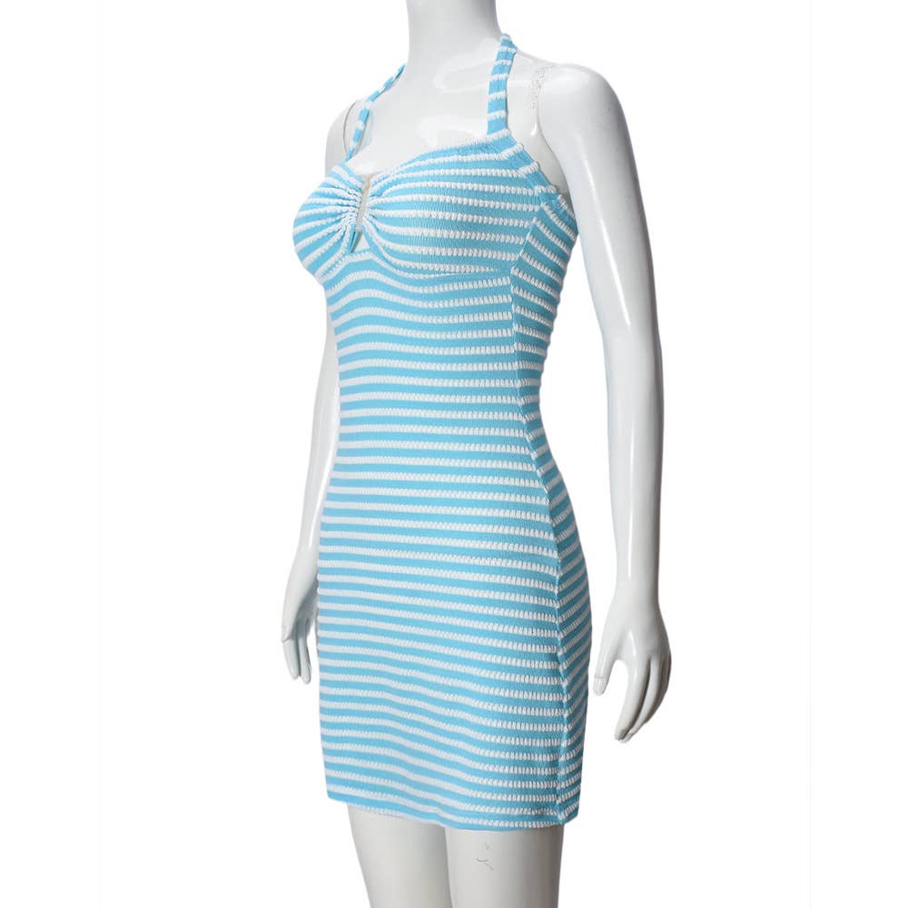 Wraps the hips contrasting color striped dress