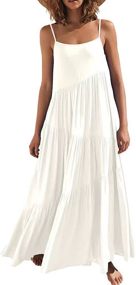 Pleated loose solid-color long beach halter dress