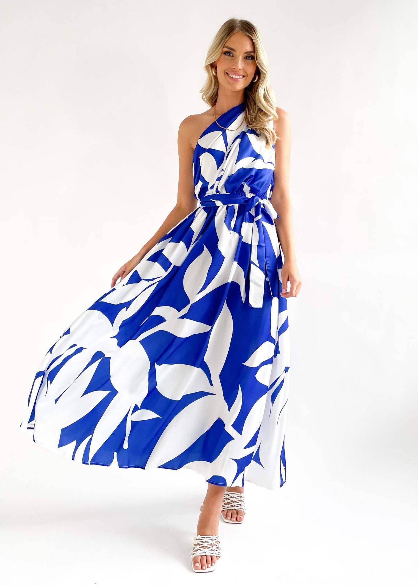 SEXY WAISTLINE PRINT SKEW COLLAR TUNIC DRESS