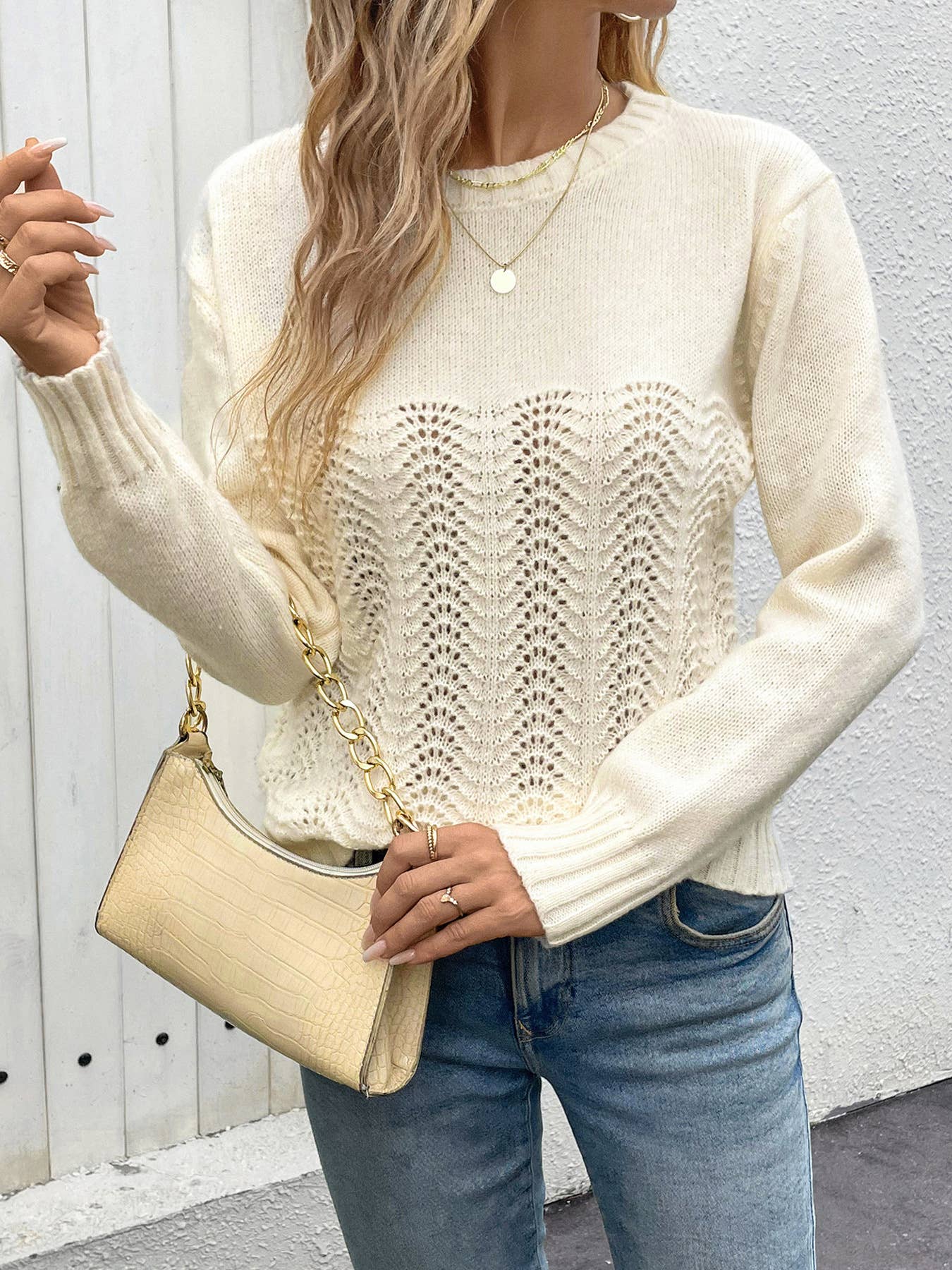SOLID COLOR CASUAL CREW-NECK HOLLOW-OUT SWEATER