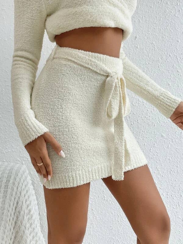 Two-piece knitted solid-color top,skirt set