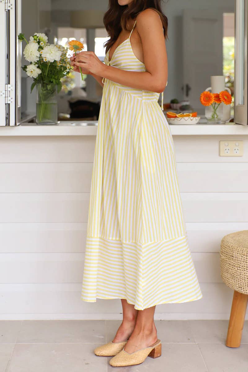 CWDHL0927_SUMMER V-NECK STRIPED SUSPENDER DRESS