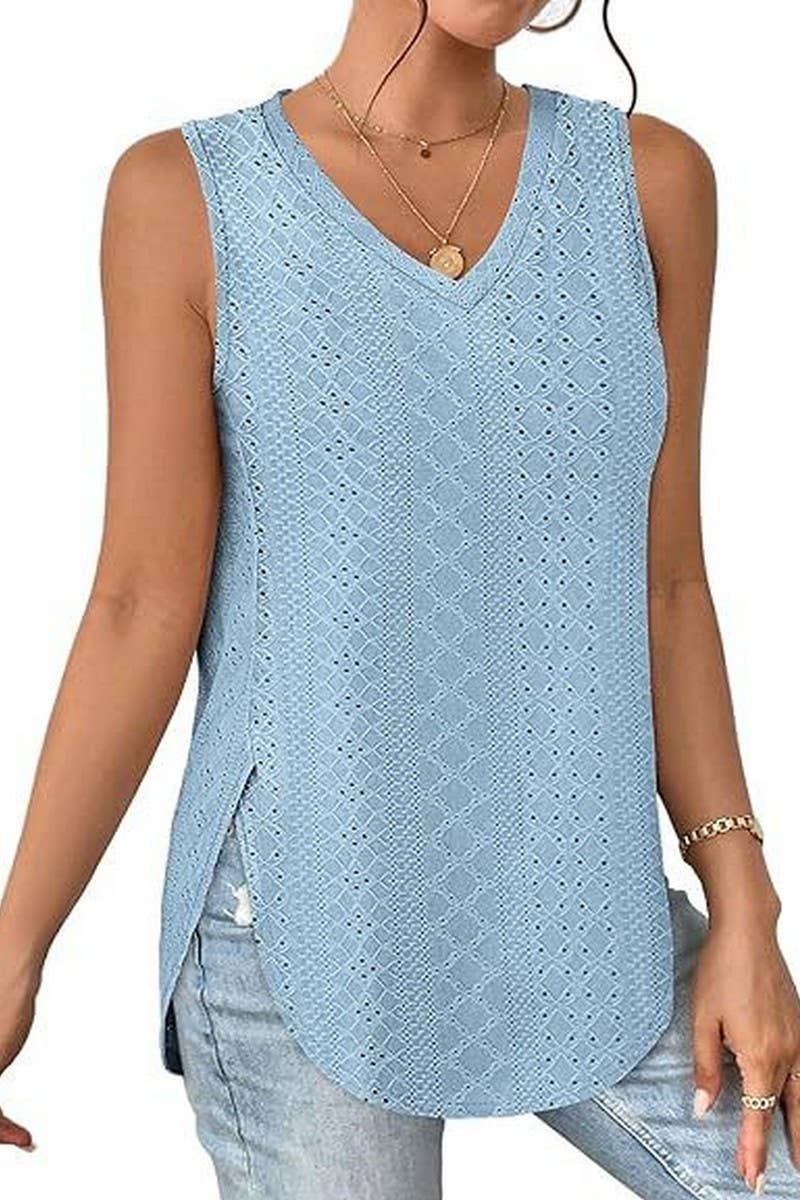 V NECK SLEEVELESS SLIT SOLID COLOR CASUAL SHIRT_CWTSTSL0069