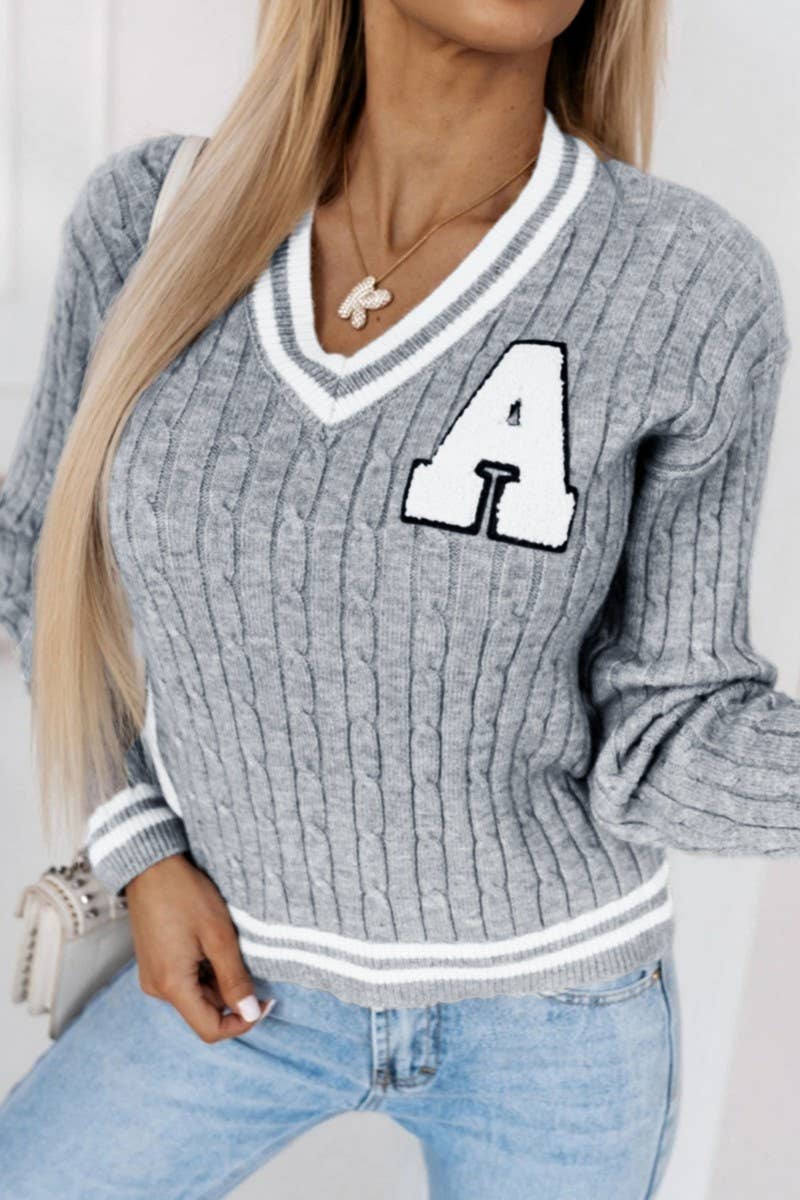 CWOSWL07059_TOWEL EMBROIDERED LETTERING V-NECK KNIT TOP