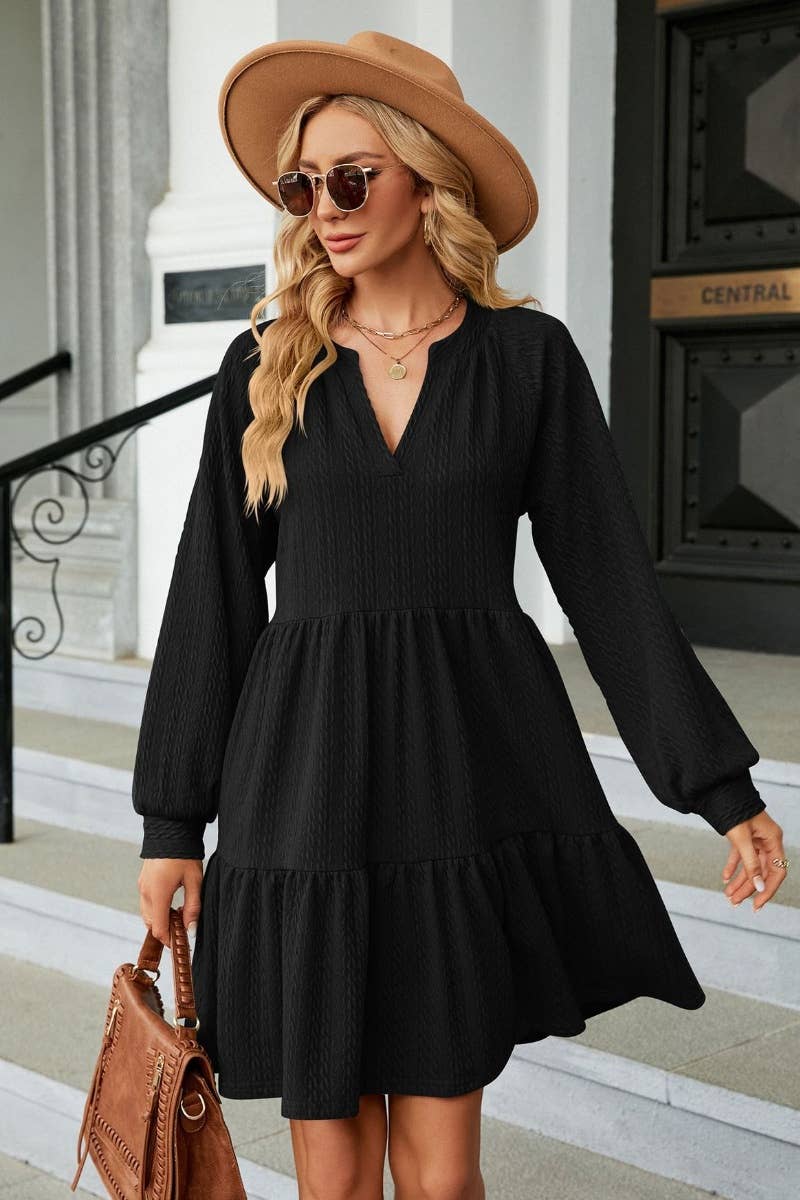 CWDSD6464_AUTUMN WINTER V-NECK LONG-SLEEVED DRESS SHORT