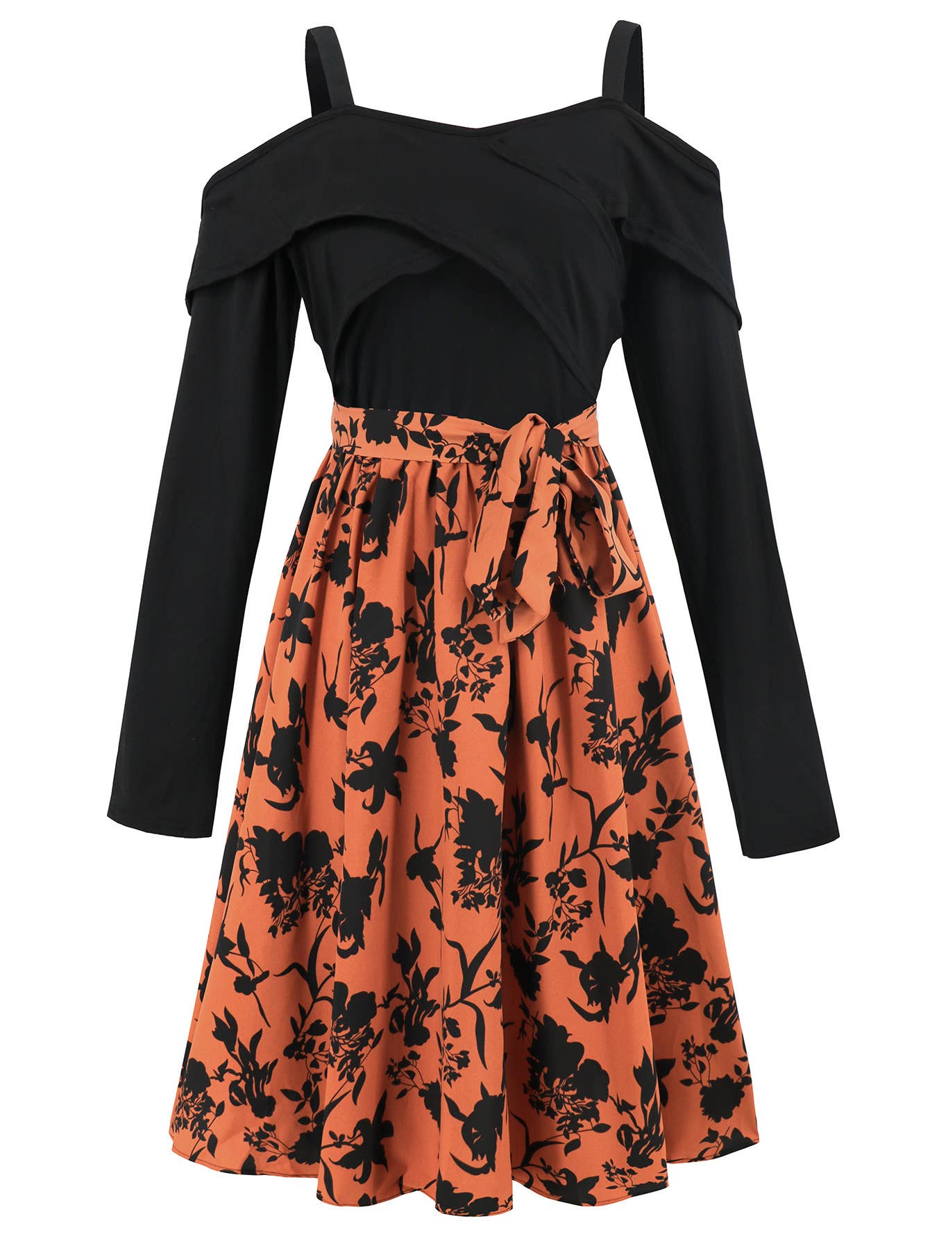 Long-sleeved off-the-shoulder floral dress