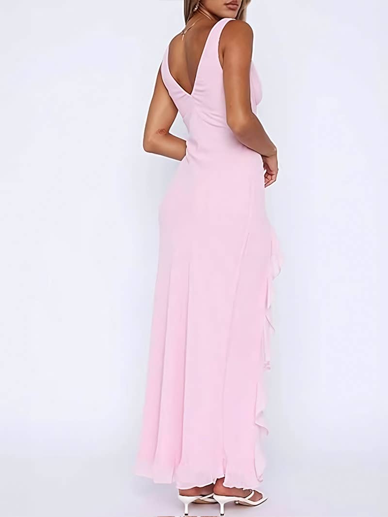 Slit V-neck black ear-trimmed backless dress