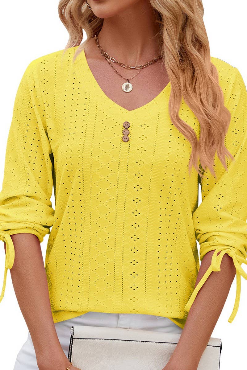 V NECK BUTTON DRAWSTRING T SHIRT_CWTSTS0191