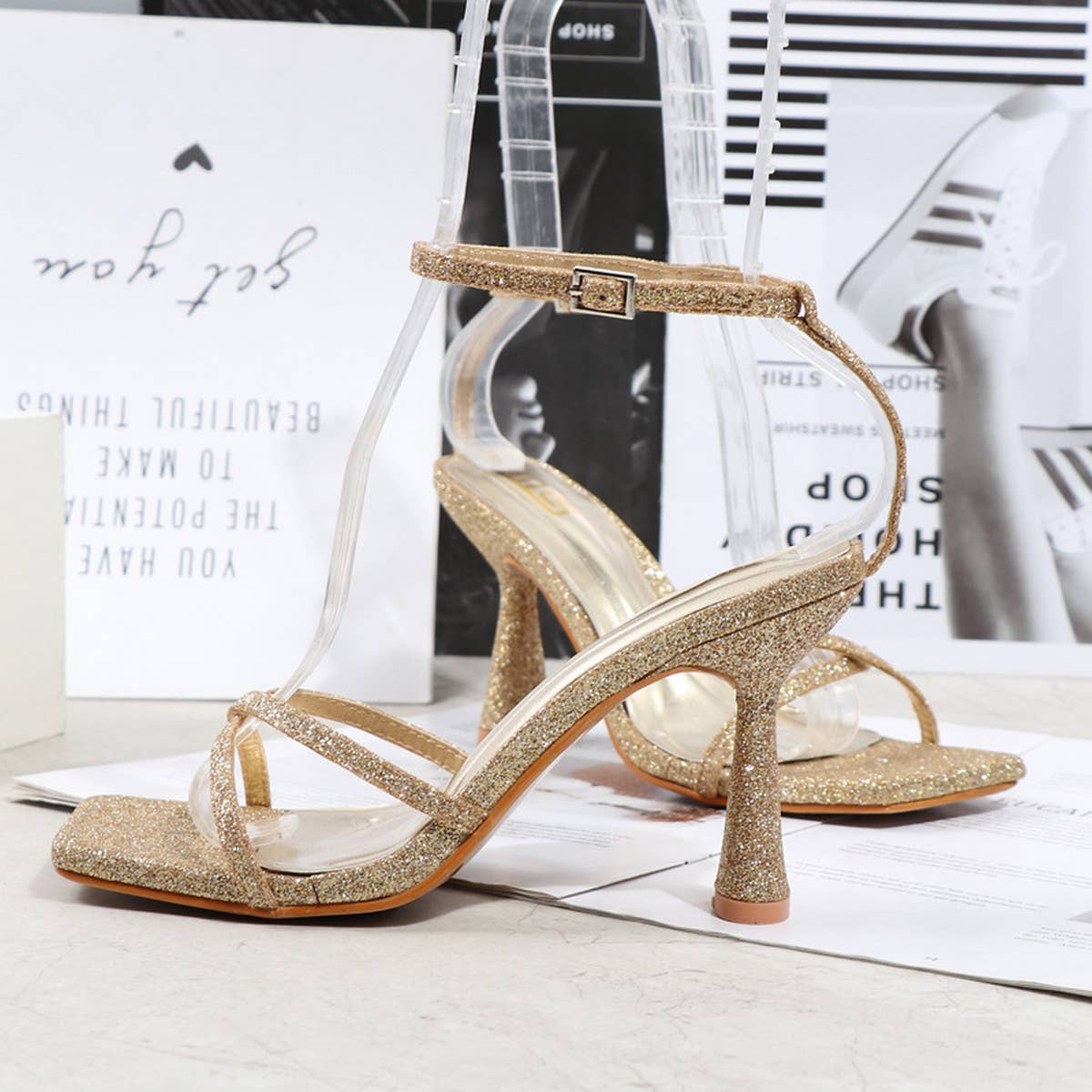 CROSS STRAP SEQUIN STILETTO SANDALS