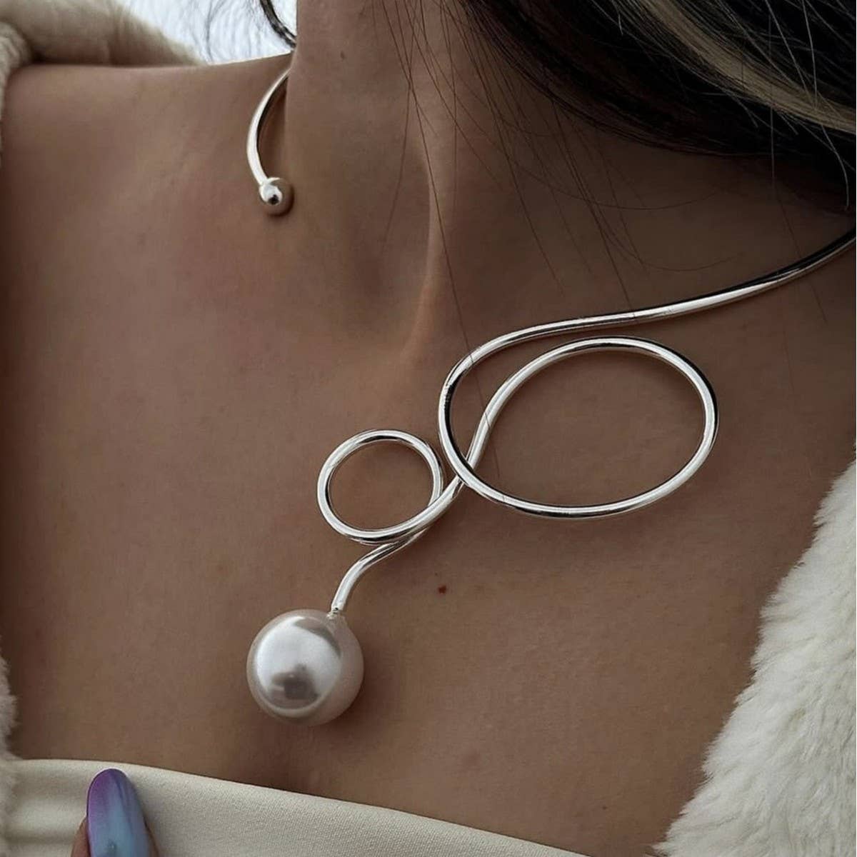 WATERDROP IMITATION PEARL FASHION METAL NECKLACE