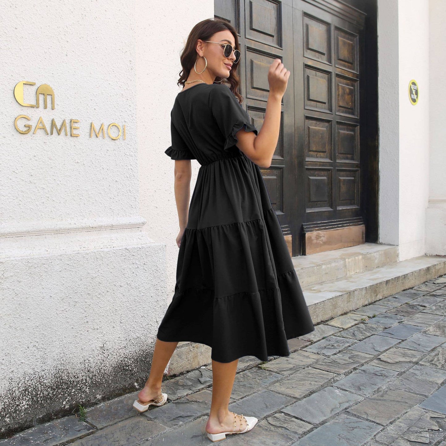 V-NECK TIERED CHIFFON DRESS