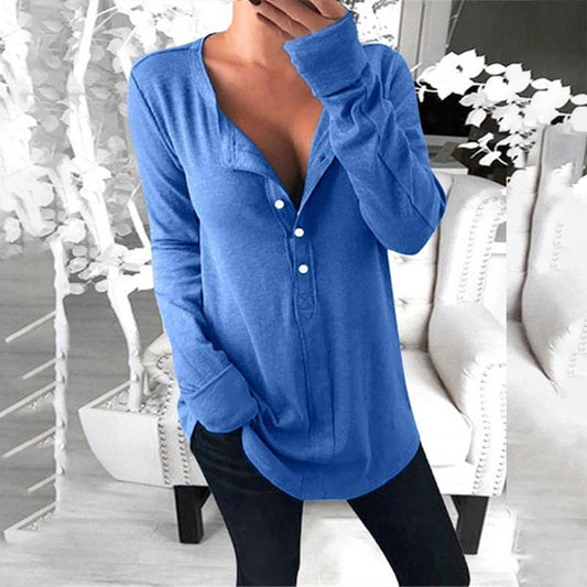 LONG SLEEVE TOP V NECK SOLID COLOR BUTTON UP TOP