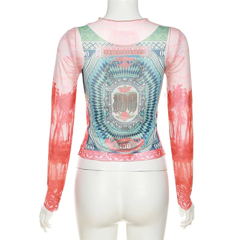 Fashion Print Colorblock Mesh Long Sleeve Top