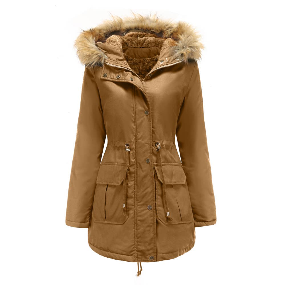 HOODED FUR COLLAR AND FLEECE PADDED JACKET