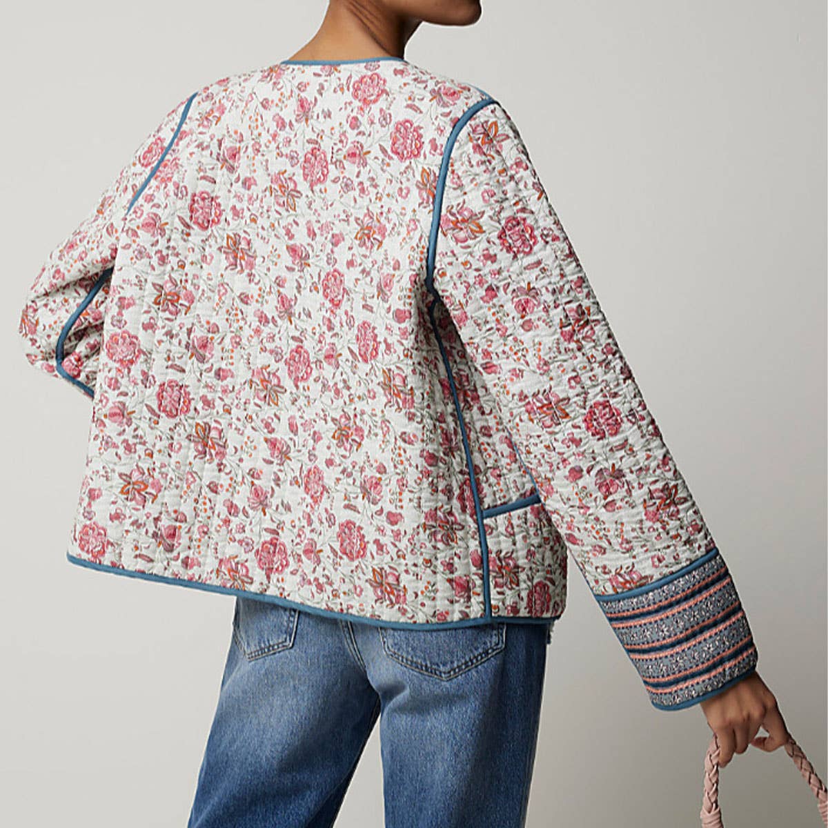 V-NECK CARDIGAN COLORBLOCK PRINT QUILTED JACKET