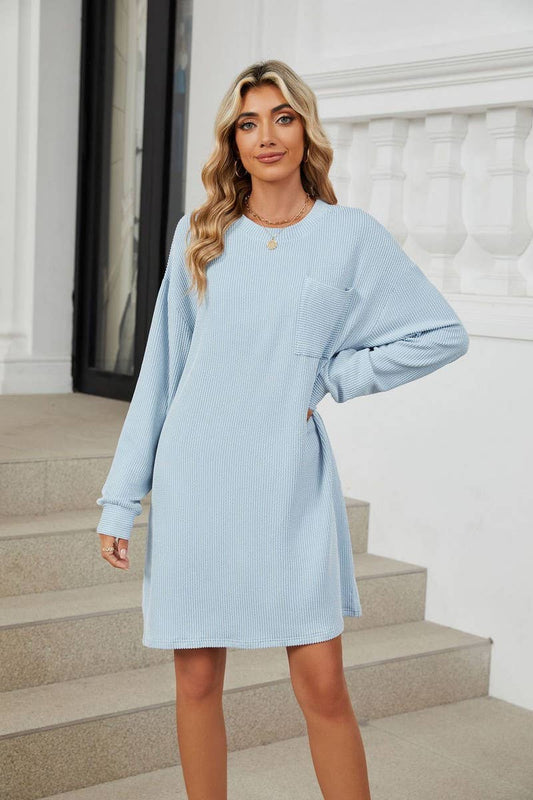 CWDSD5995_ROUND NECK POCKET LOOSE LONG SLEEVE DRESS