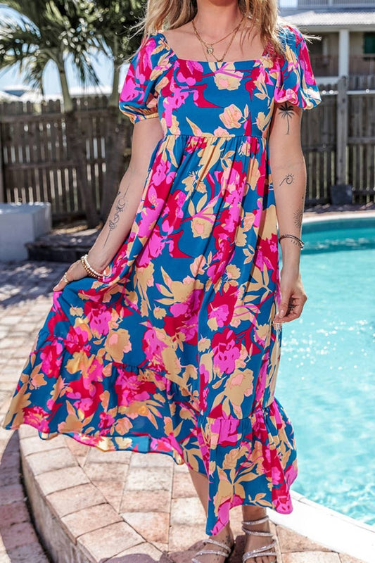 CWDMD3216_SHORT SLEEVE FLOWER HIGH-WAISTED DRESS LONG