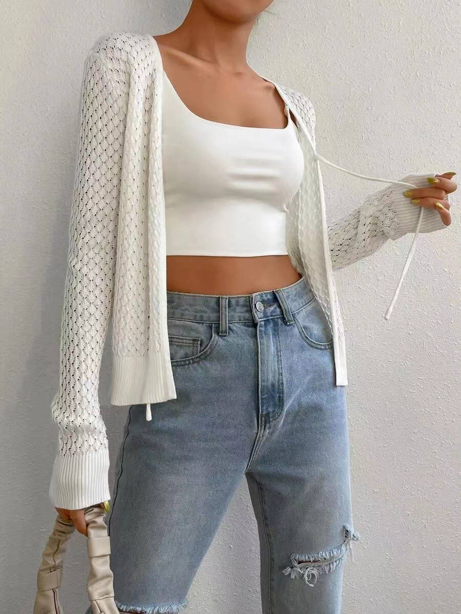 Lace-up cutouts long-sleeved knitted cardigan