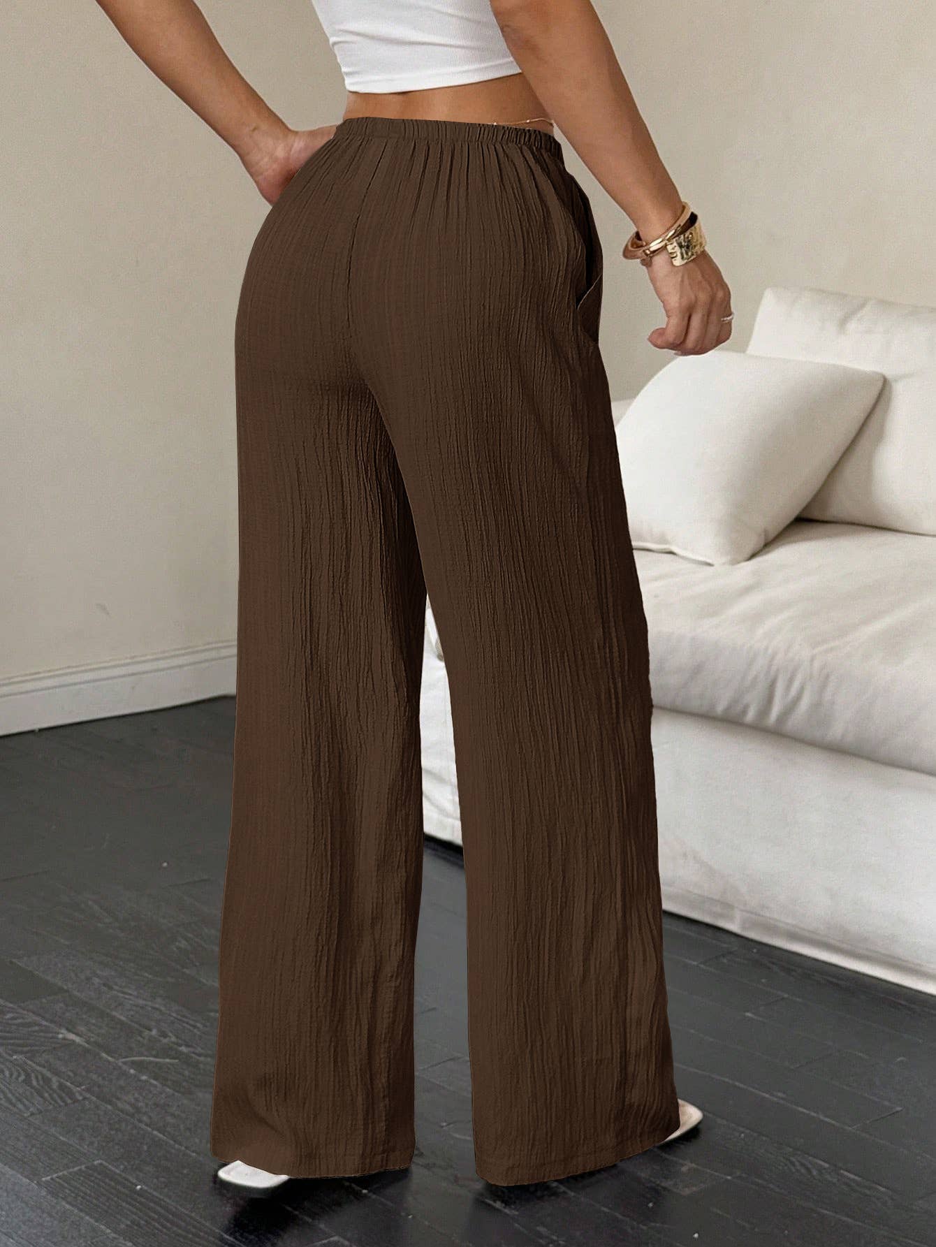 Solid-color textured drawstring wide-leg pants