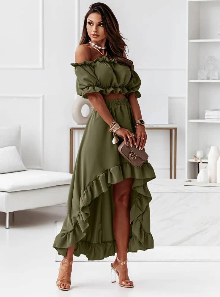 RUFFLED SKIRT IRREGULAR SHORT SLEEVE TWO-PIECE SET
