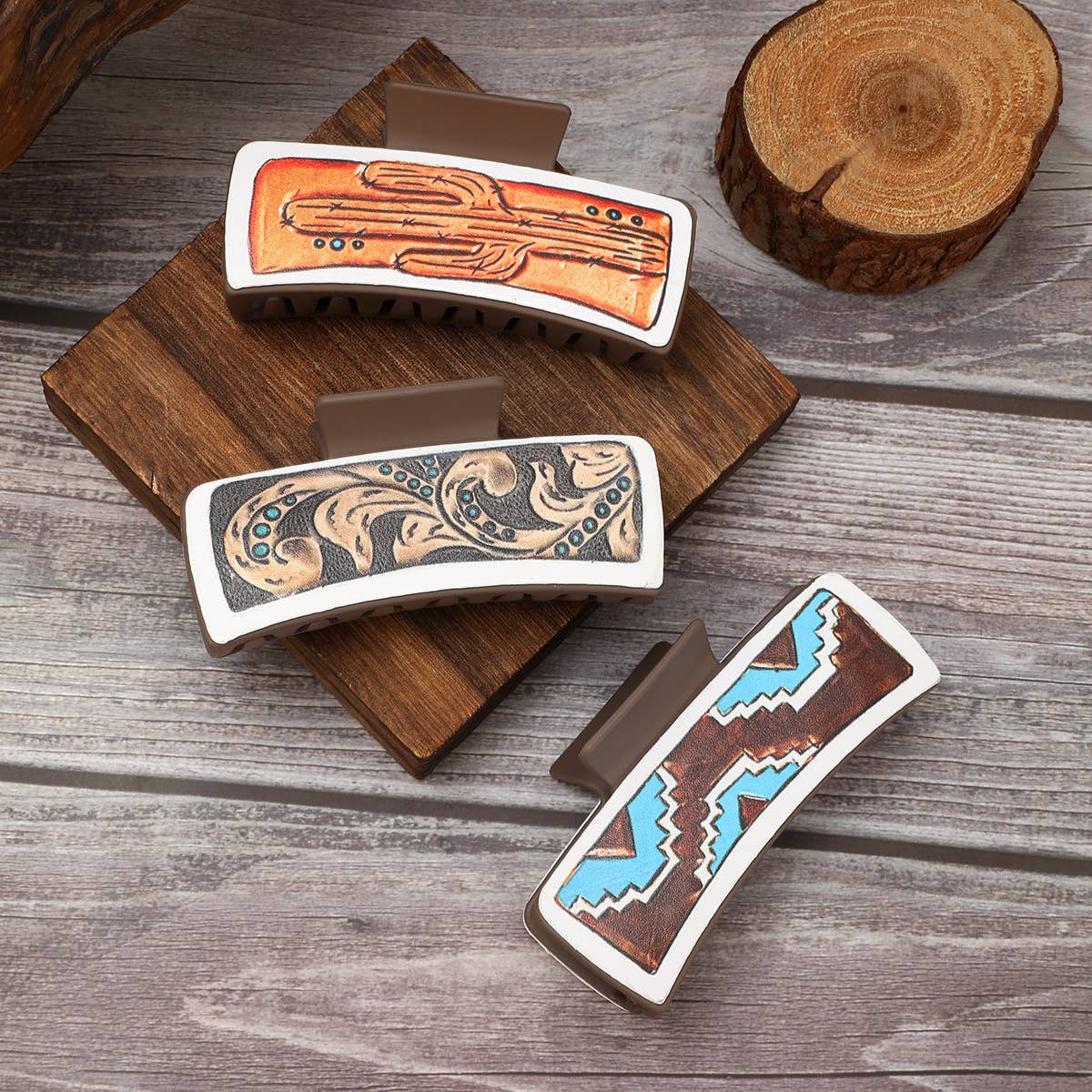 Western Cactus Leather Hair Claw - Shark Clip