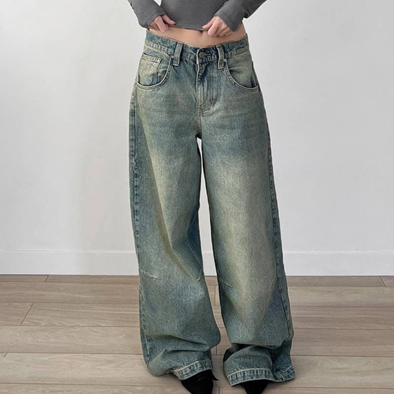 Retro washed and aged low-rise jeans