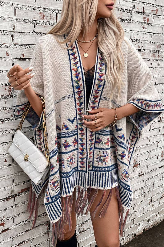 CWOSWS0090_LOOSE KNITTED TASSEL JACQUARD CAPE SHAWL