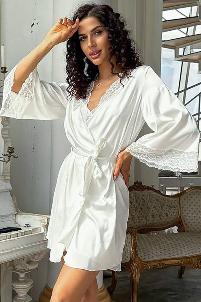 CWSPJ00529_LACE TRIM SATIN PAJAMA SET WOMEN ROBE NIGHTDRESS
