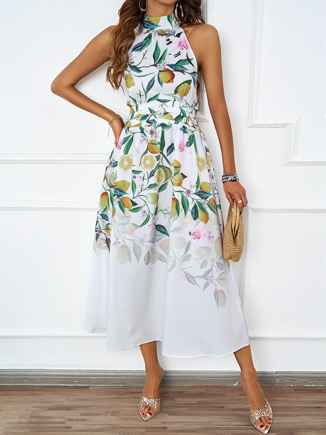 FASHION HALTER PRINT WAIST SLIMMING DRESS