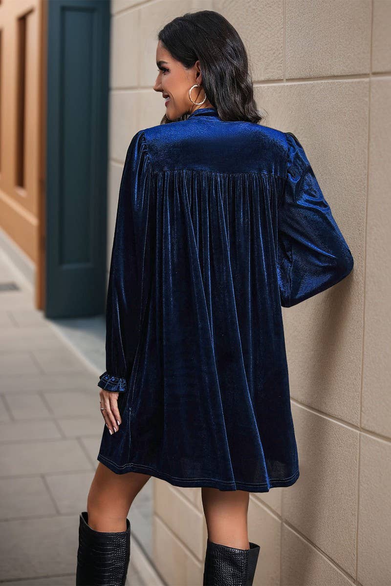 CWDSD6217_V-NECK LONG-SLEEVED GOLD VELVET DRESS