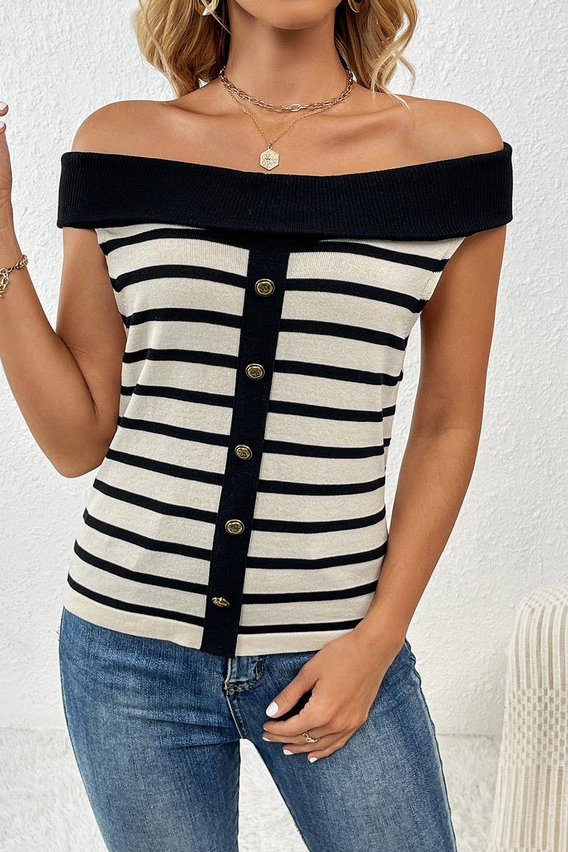 STRIPED OFF THE SHOULDER LINE NECK SWEATER_CWOSWS0056