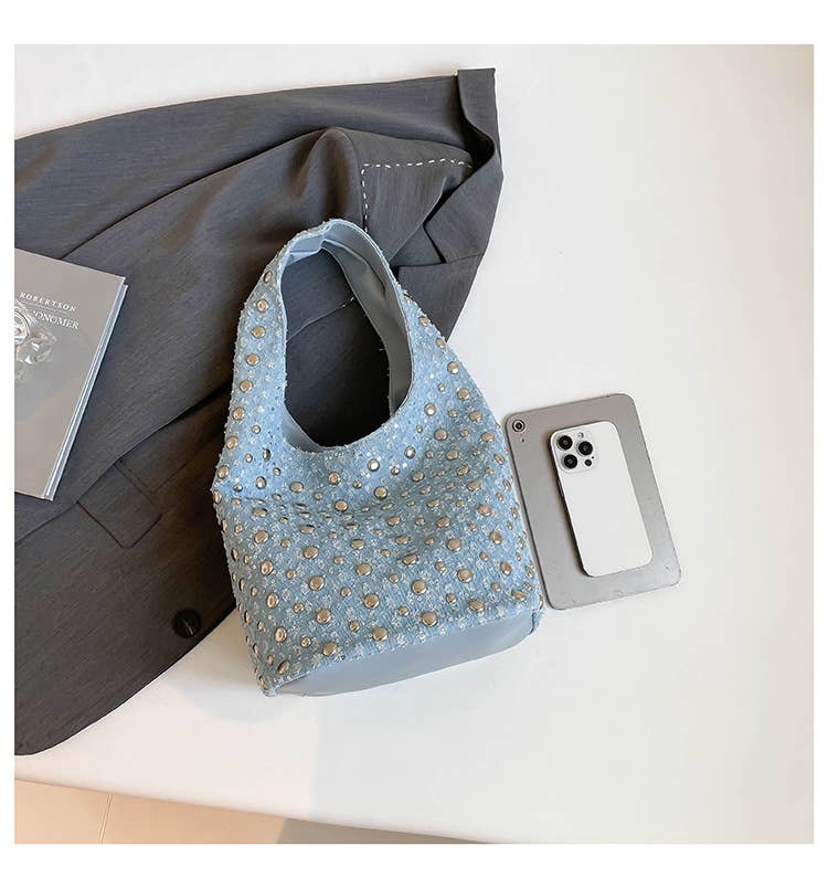 Fashionable riveted denim single-shoulder bag