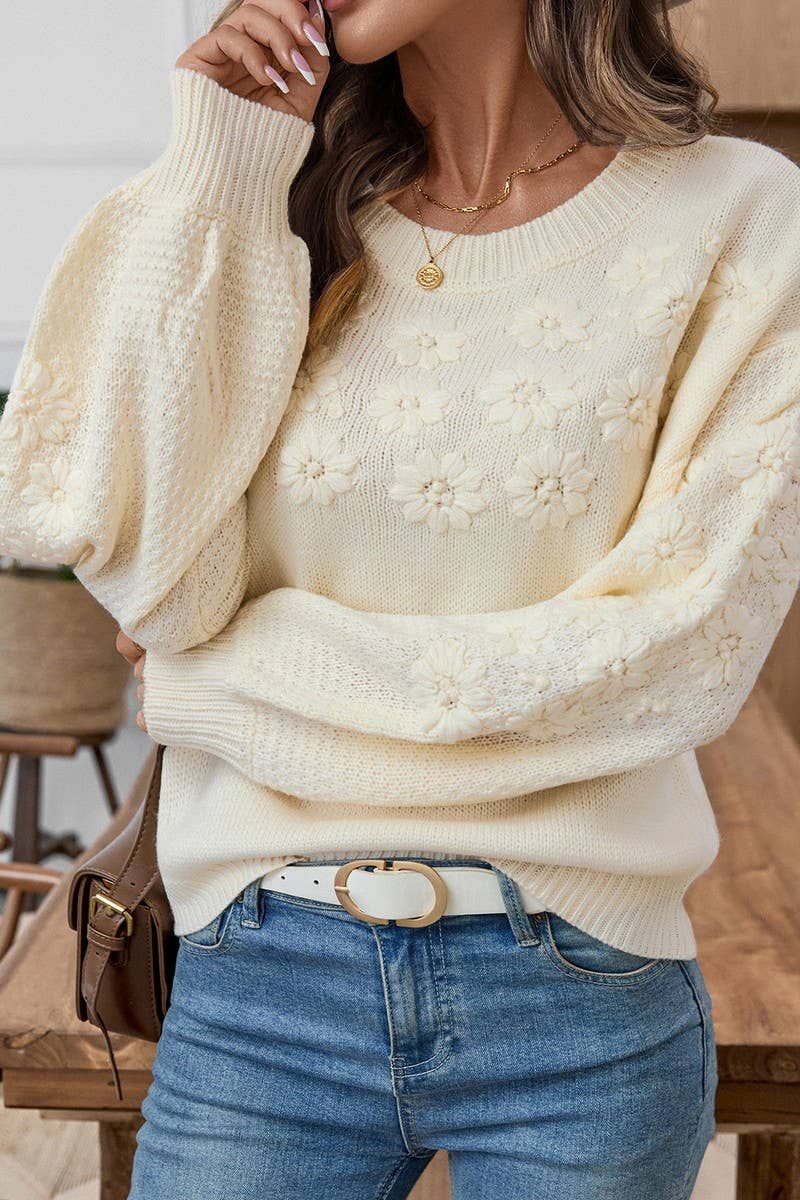 CWOSWL07056_EMBROIDERED 3D DAISY LOOSE KNIT SWEATER