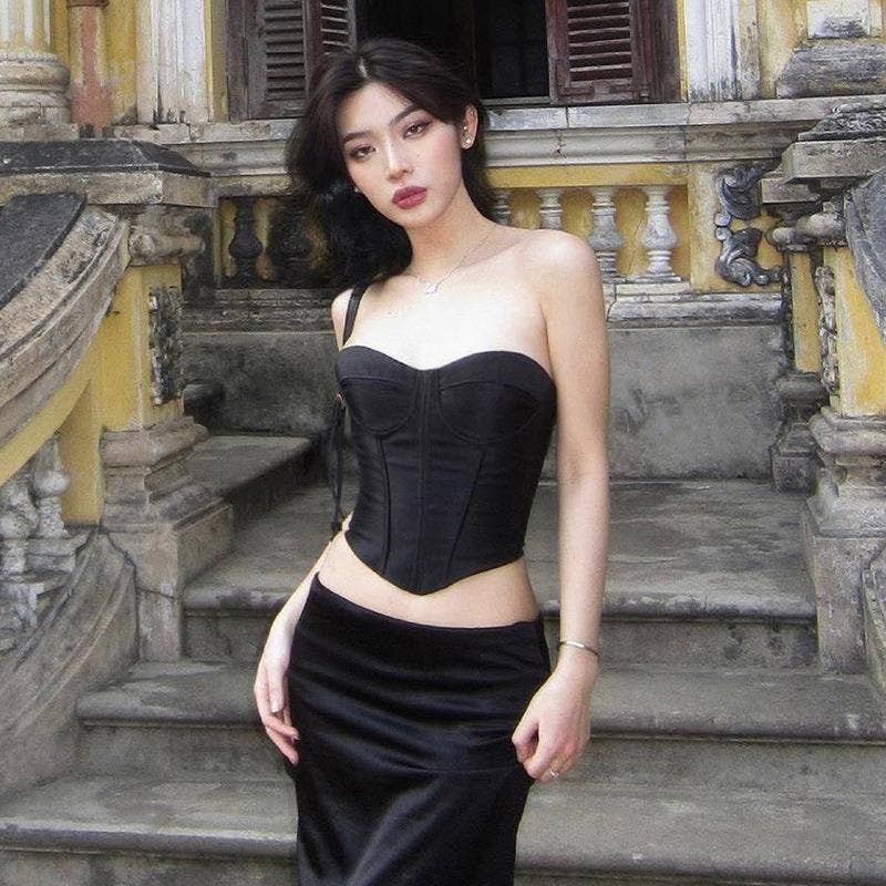 Satin Strapless Waist Cinched Crop Top